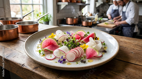 A beautifully plated dish featuring vibrant radishes and edible flowers, showcasing culinary artistry in a bright, modern kitchen setting, emphasizing freshness and creativity.