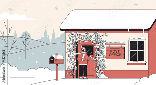 Cozy Winter Post Office Scene with Person and Snow