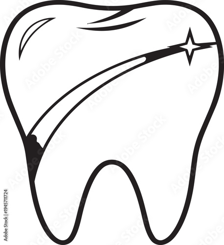 A simple black and white line art illustration featuring a clean and sparkling molar tooth icon