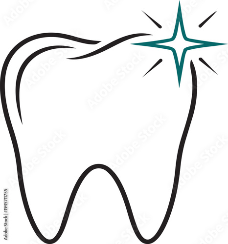 A minimalist black line art graphic of a clean tooth with a sparkling star icon on a white background