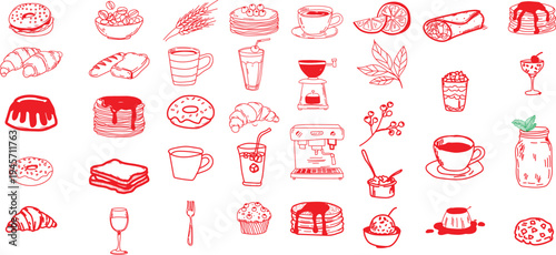 Collection of charming hand drawn doodle icons representing various delicious sweet treats coffee beverages pastries and breakfast food items perfect for cafe menus or food blogs