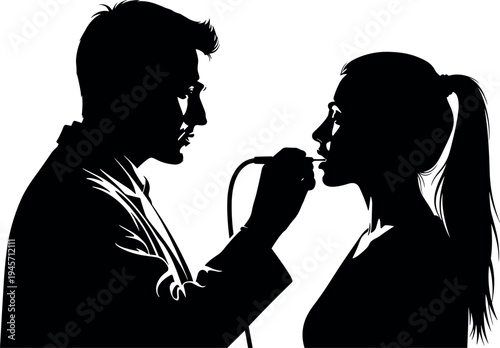 Silhouette of makeup artist applying lipstick to woman model, professional beauty service concept with stylist and client profile view, fashion cosmetics illustration isolated on background.