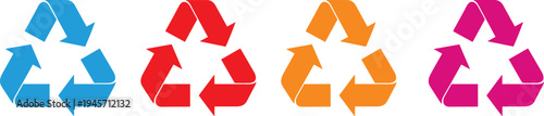 Set of four colorful recycling symbols in blue red orange and magenta isolated on white background for environmental conservation and sustainability (22 words)