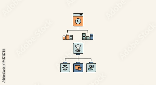 Artificial Intelligence Networked System Flowchart with Data and Processing Icons