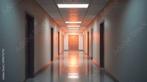 Minimalist corridor with glowing light at the end, creating a warm and atmospheric conceptual space.
