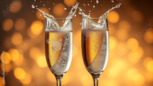 Two champagne glasses with sparkling liquid, capturing a dynamic splash against a festive golden backdrop.