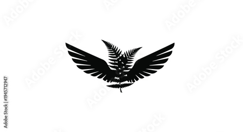 A stylized black emblem features symmetrical feathered wings embracing a central silver fern frond, suggesting flight and natural heritage.