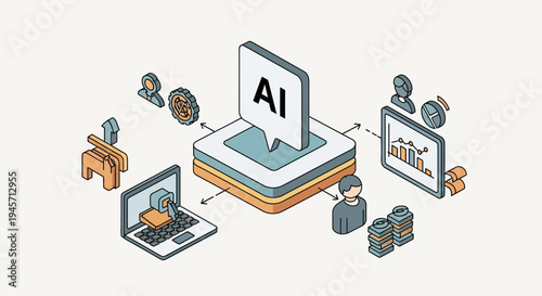 Abstract representation of artificial intelligence concepts and their integration with digital systems and data analysis