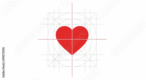 Red Heart Icon with Geometric Grid and Guidelines