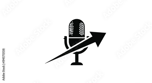 A bold black silhouette of a studio microphone is overlaid with a sharply ascending diagonal arrow symbolizing growth and audio quality improvement.