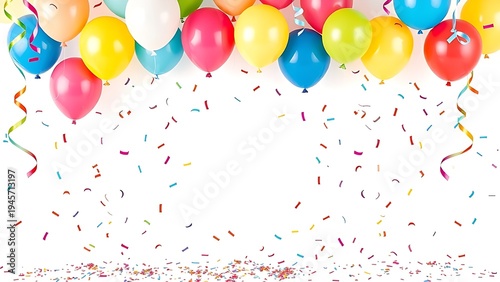 Colorful balloons and confetti float against a clean white background, creating a festive celebration atmosphere.