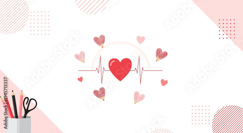 Red Heart Icon with Heartbeat Line and Scattered Hearts on Pink and White Background