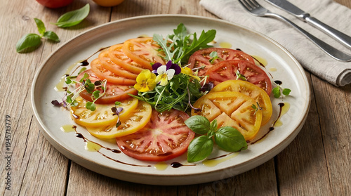 This vibrant dish features an artistic arrangement of colorful tomatoes, complemented by fresh greens and edible flowers, perfect for showcasing healthy eating.