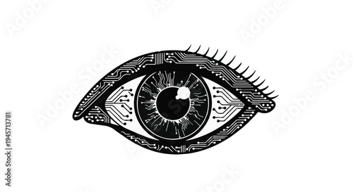 Stylized black and white illustration depicts a human eye integrating complex electronic circuit board textures and fine linear eyelashes against a pure white backdrop.