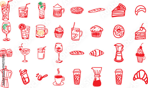 This vibrant collection of hand-drawn red doodle illustrations showcases an eclectic assortment of delicious beverages and delectable bakery items, including refreshing cocktails, steaming coffee, flu