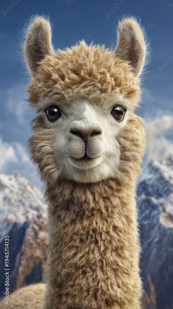 Fototapeta premium Smiling alpaca by mountain backdrop