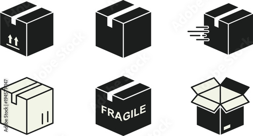 Cardboard box delivery icon set featuring fragile shipping crates, fast express parcel symbols, open packages, and logistics warehouse storage containers