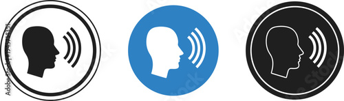 Voice recognition and artificial intelligence icon set featuring human head silhouette with sound waves for speech command and smart assistant technology