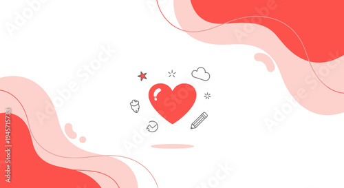 Red Heart Icon with Creative Elements on White Background