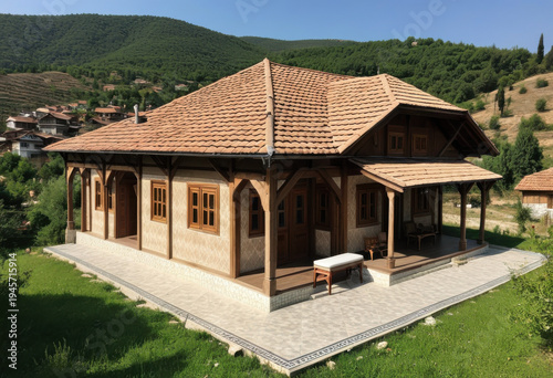 Timber-framed house in rural Turkey, with tiled roof and Ottoman influences