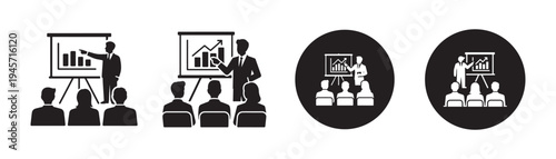 Training seminar audience presentation icons. Business meeting vector illustration
