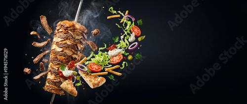 Turkish doner kebab with ingredients and pide bread on black background, copy space