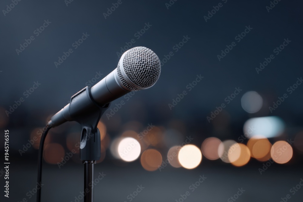 Obraz premium Close-up of microphone on stage with blurred city lights at night