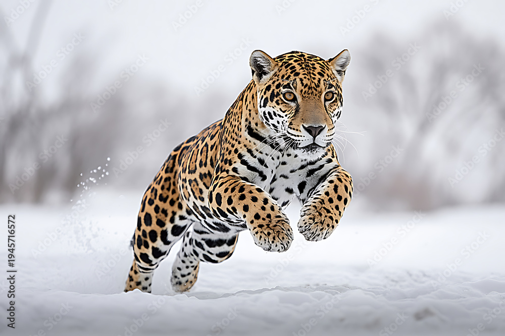 Obraz premium Wild Jaguar Leaping Across Snow Field Isolated on blur Backdrop, Exotic Predator Action Shot