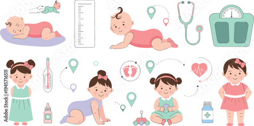 Baby Growth Milestones and Health Check Clipart Set with Crawling Baby, Measuring Scale, Thermometer, Stethoscope and Pediatric Care Illustrations