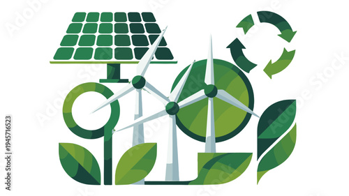 Sustainable energy concept with solar panels and wind turbines.
