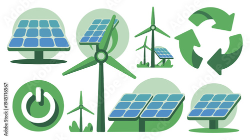 Collection of illustrations representing renewable energy sources.