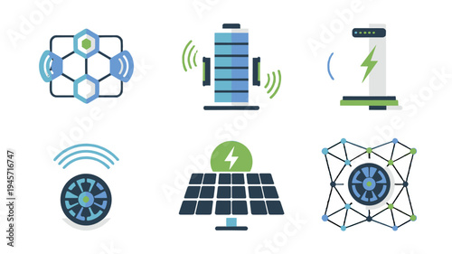 Innovative icons representing green energy and sustainable technology.