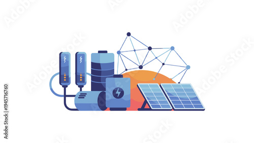 Image of a modern sustainable energy illustration featuring solar panels and batteries.