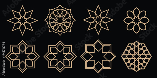 Elegant gold Islamic geometric ornament pattern with stars and crescent symbols arranged on a dark blue background, decorative Islamic art style for Ramadan and Eid themes, wallpapers, invitations, 