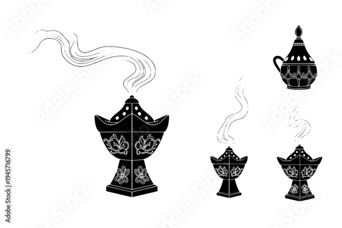 Traditional Incense Burner Mubkhara Seboua Purification Ritual Baby Celebration Black Vector Silhouette