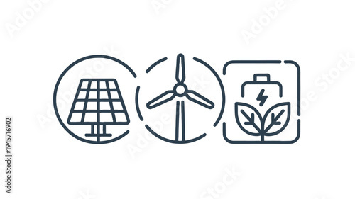 Concept image of solar panel, wind turbine, and battery with leaves, representing sustainable energy solutions.