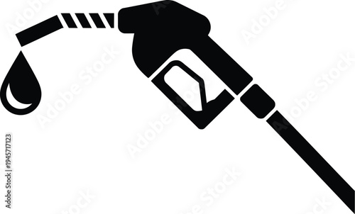 A black silhouette of a gas pump nozzle with a single drop of fuel.