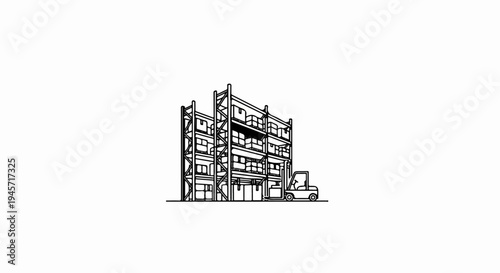 Warehouse shelves stacked with boxes and a forklift