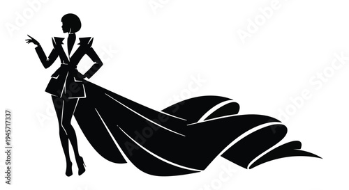 Fashionable woman's striking black silhouette, elegantly posing in a sophisticated coat with an exaggerated flowing train, embodies high fashion, glamour, and artistic style.