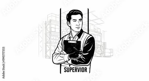 Warehouse supervisor with clipboard and pen, amidst shelves and forklift
