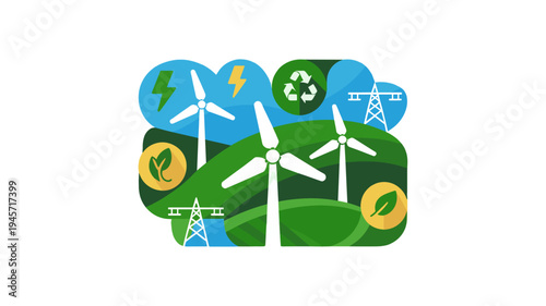 Eco-friendly windmills and symbols representing the green energy transition.