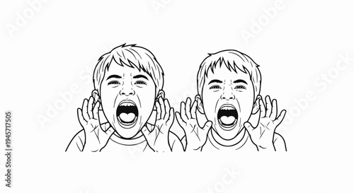 Two young boys shouting loudly with hands cupped around their ears