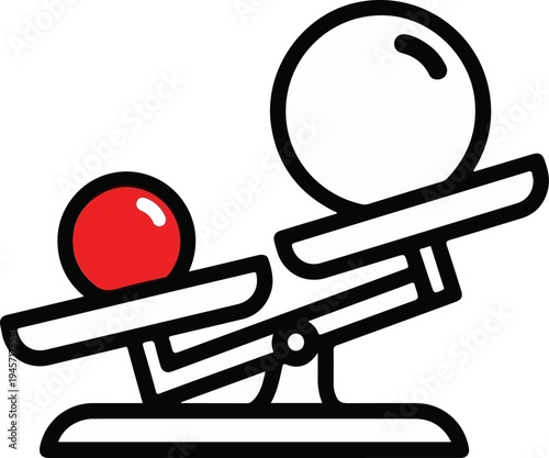 Unbalanced scale with small red ball on left, large white ball on right