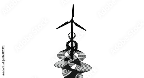 Stylized wind turbine graphic, meticulously rendered in stark black against a pure white background, depicts a complex abstract structure representing renewable energy and environmental innovation.