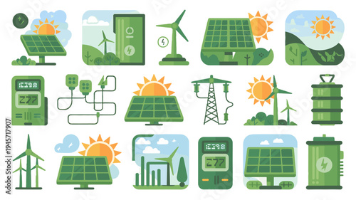 Diverse collection of illustrations showcasing solar panels and renewable energy concepts.