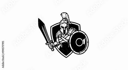 Warrior in helmet and armor holding sword and shield