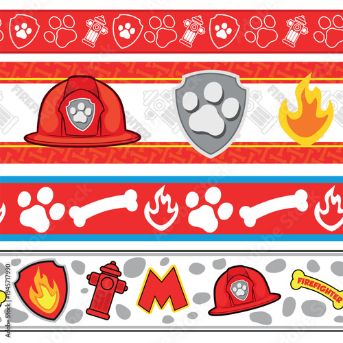 Firefighter Puppy Border Stripes Seamless Pattern