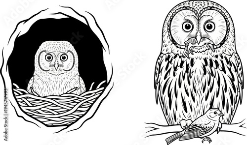 Two owls, one in a nest and the other perched with prey