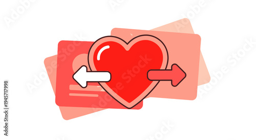Red Heart Icon with Arrows on Cards, Love and Connection Concept