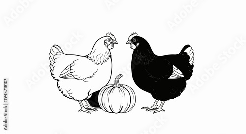 Two chickens, one black and one white, stand beside a pumpkin